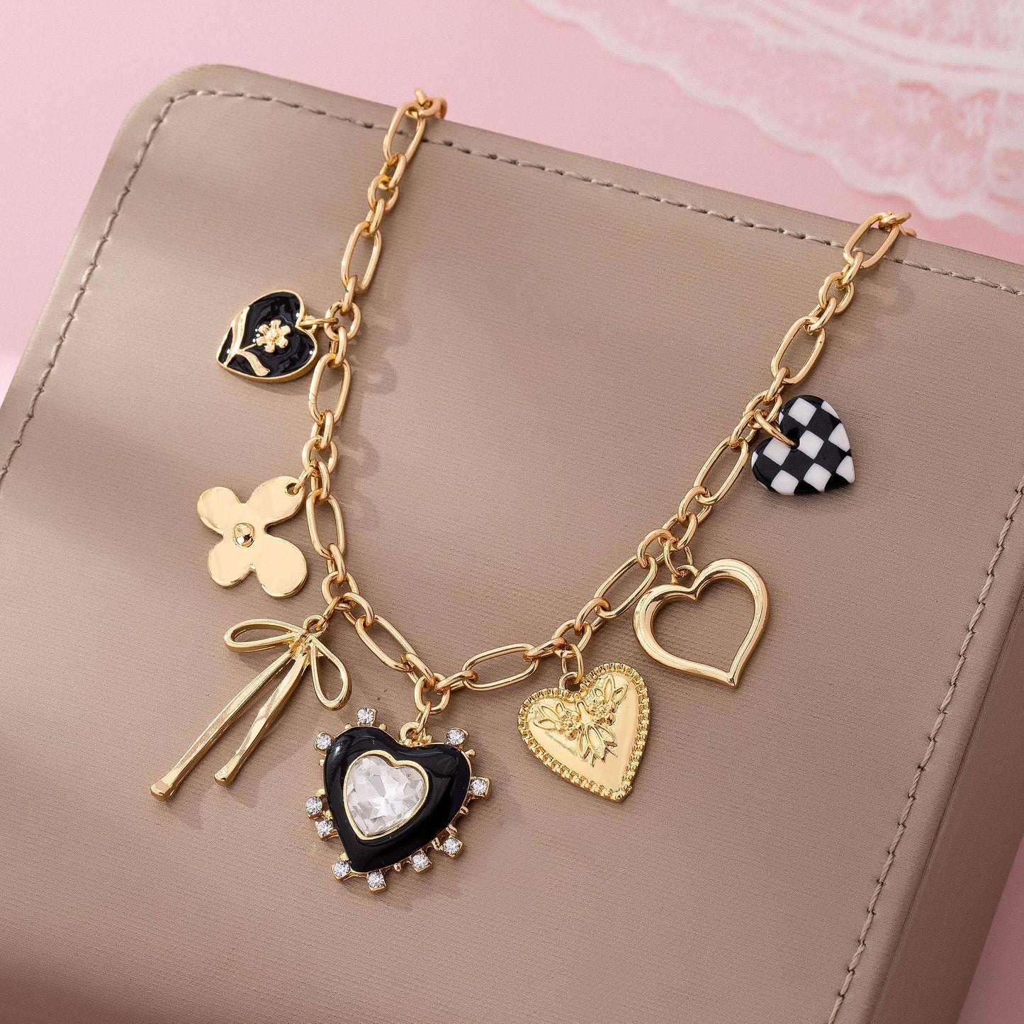 Gold Bow and Checker Heart Charm Necklace | Rhinestone Heart Trendy Charm Necklace