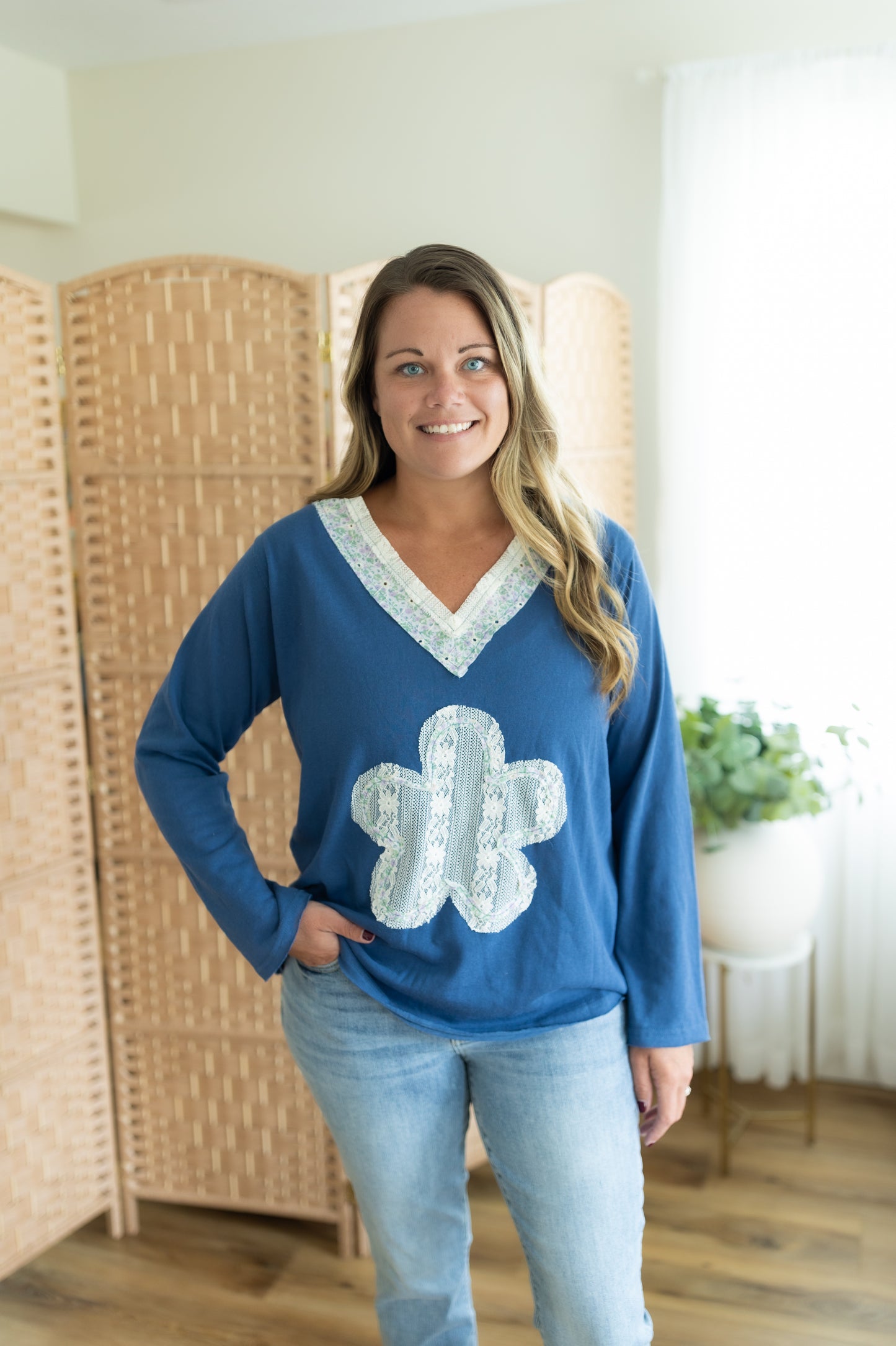 POL Patchwork Petal Top in Navy