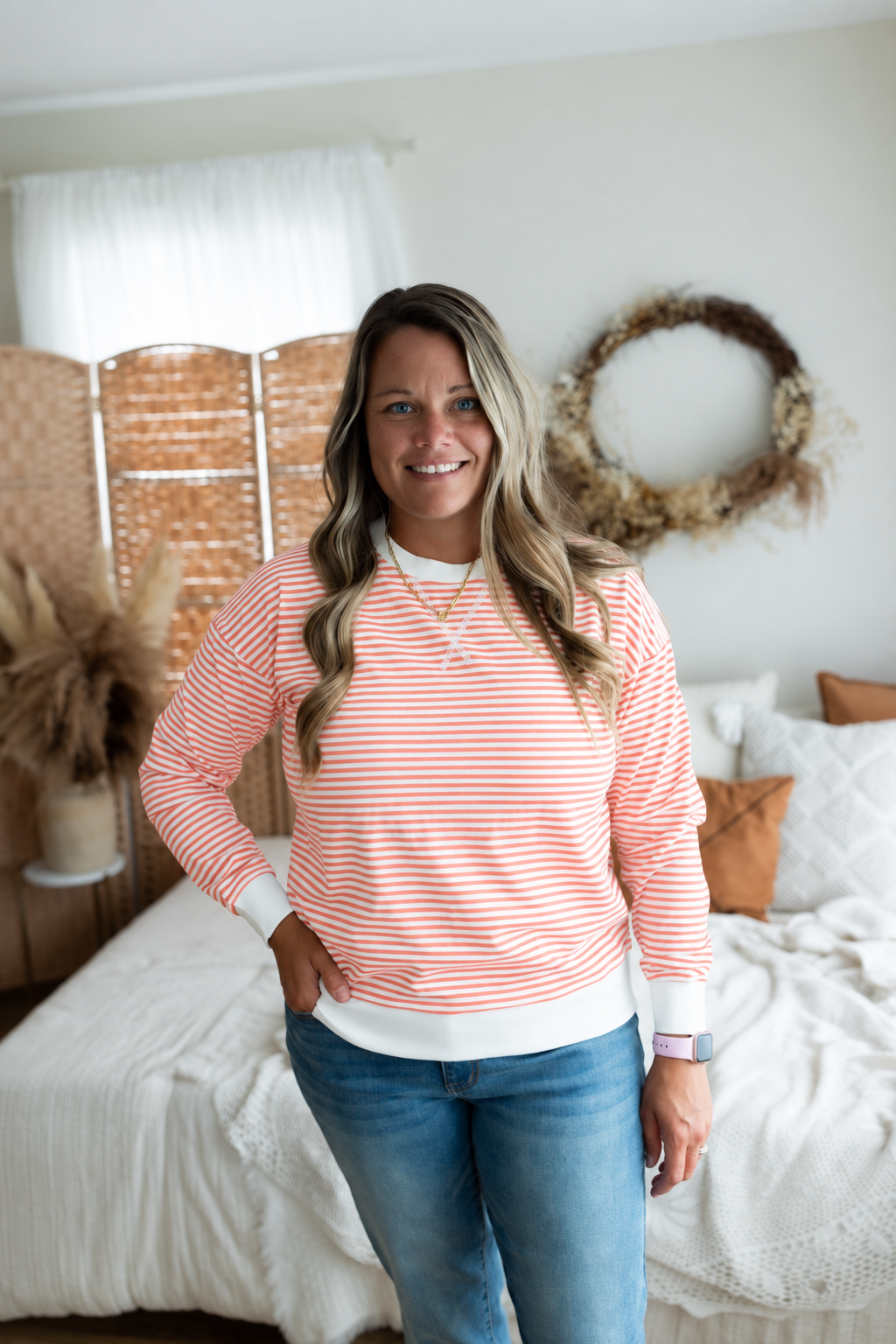 Coral Striped Rib Banded Pullover