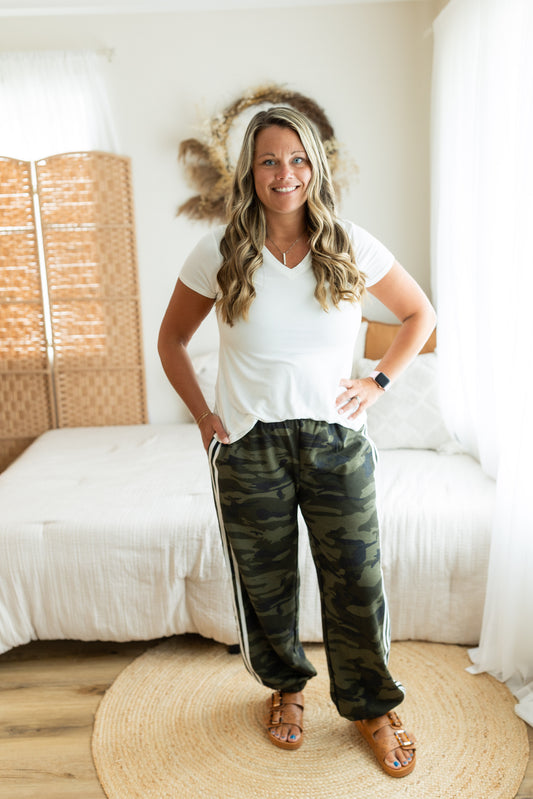 Side Lines Camouflage Pants | Camo Joggers with White Side Stripes