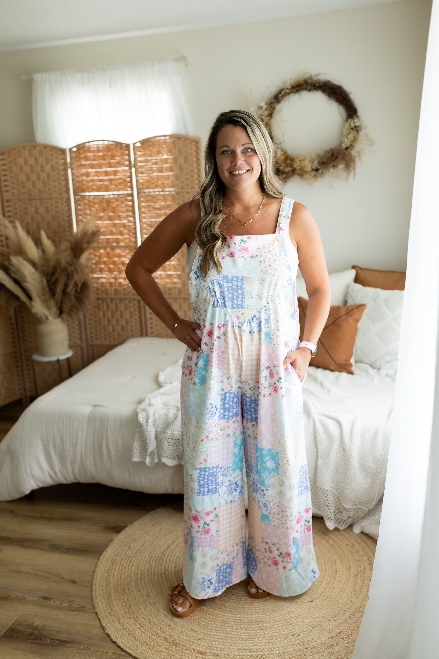 Floral Patchwork Wide Leg Overalls | Boho Sleeveless Bib Jumpsuit with Pockets
