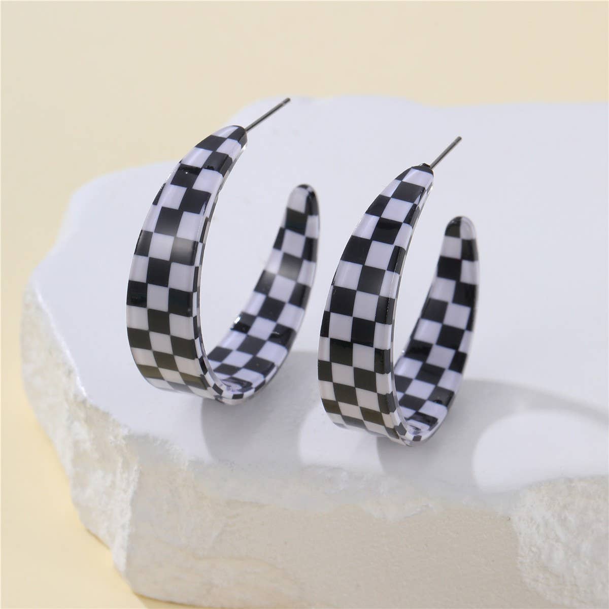 Retro Checkerboard Hoop Earrings | Lightweight Gold Plated Statement Earrings