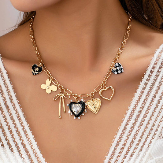 Gold Bow and Checker Heart Charm Necklace | Rhinestone Heart Trendy Charm Necklace