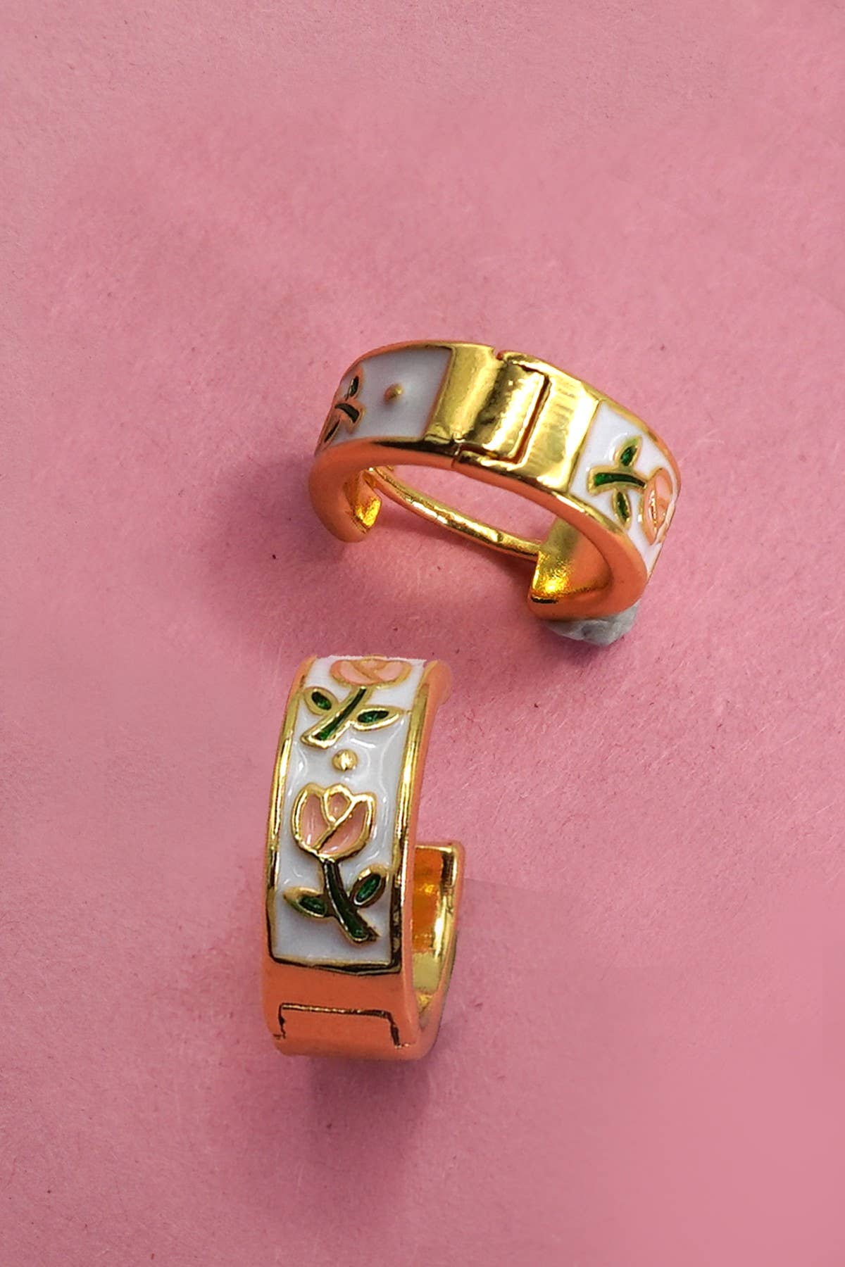 Vintage Cloisonne Enamel Floral Huggie Earrings | Gold Plated Floral Hoop Earrings