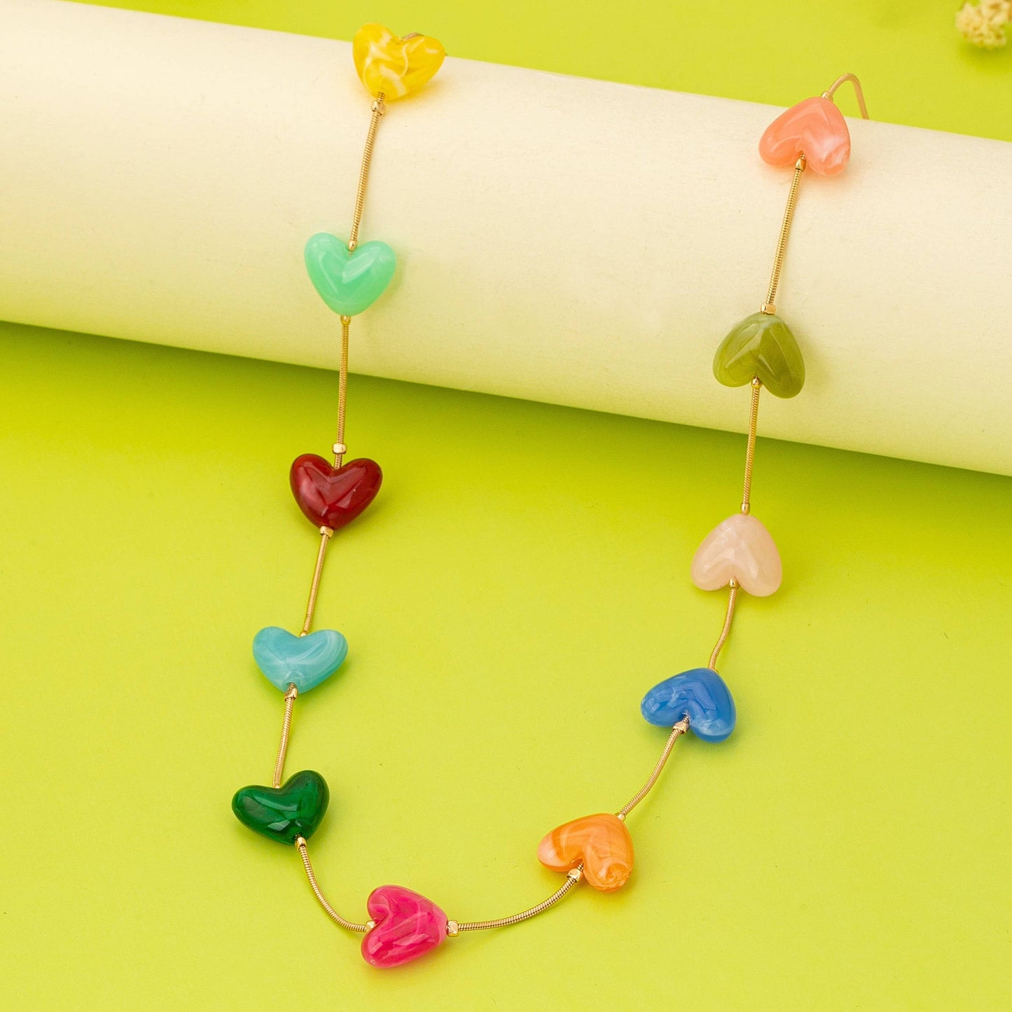 Multicolor Resin Beaded Heart Station Necklace
