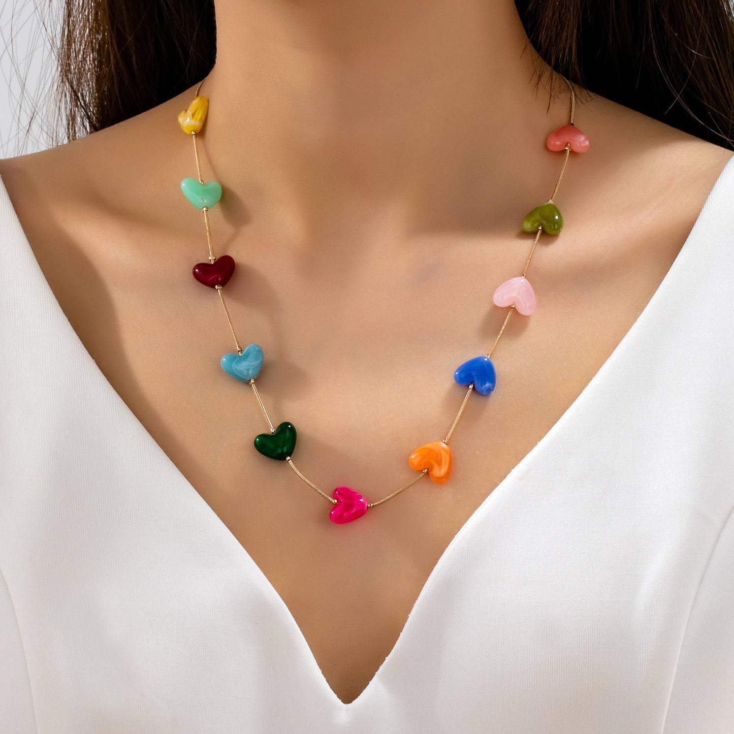 Multicolor Resin Beaded Heart Station Necklace