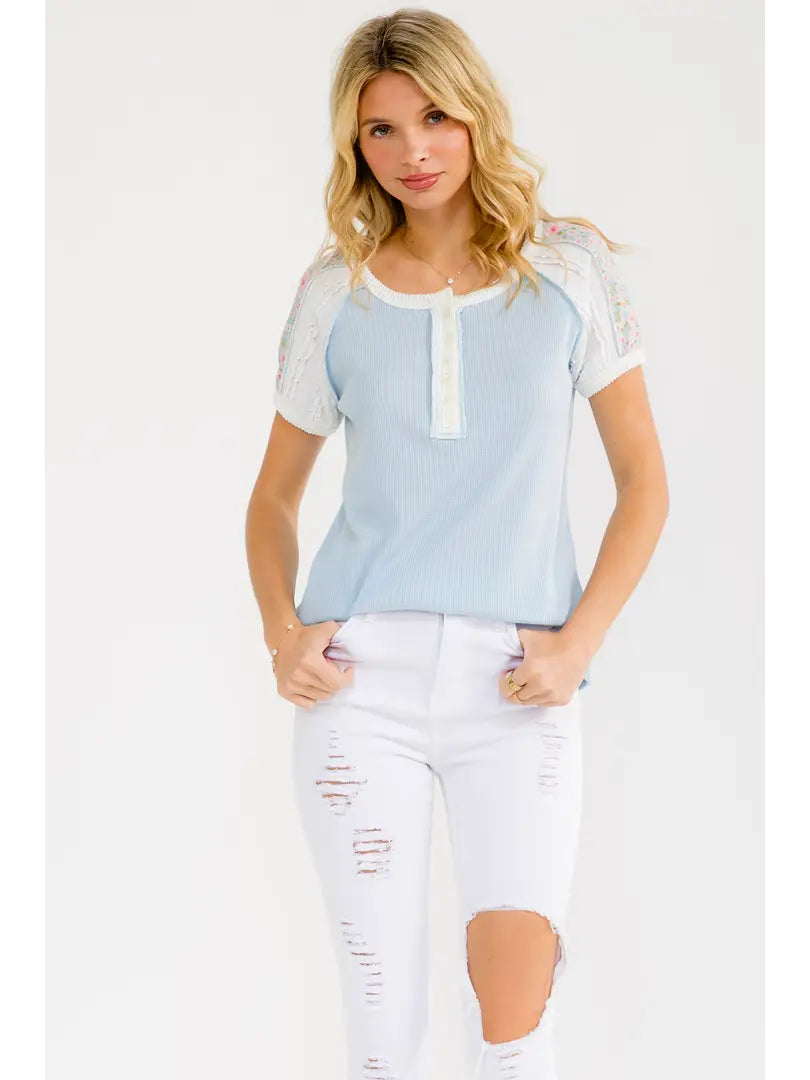 Blue Thermal Knit Top with Lace Raglan Sleeves | Floral Button Front Top  SEO Description: