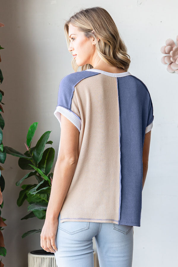 Ribbed Color Block Patchwork Top | Raw Edge Button Front Relaxed Fit Shirt