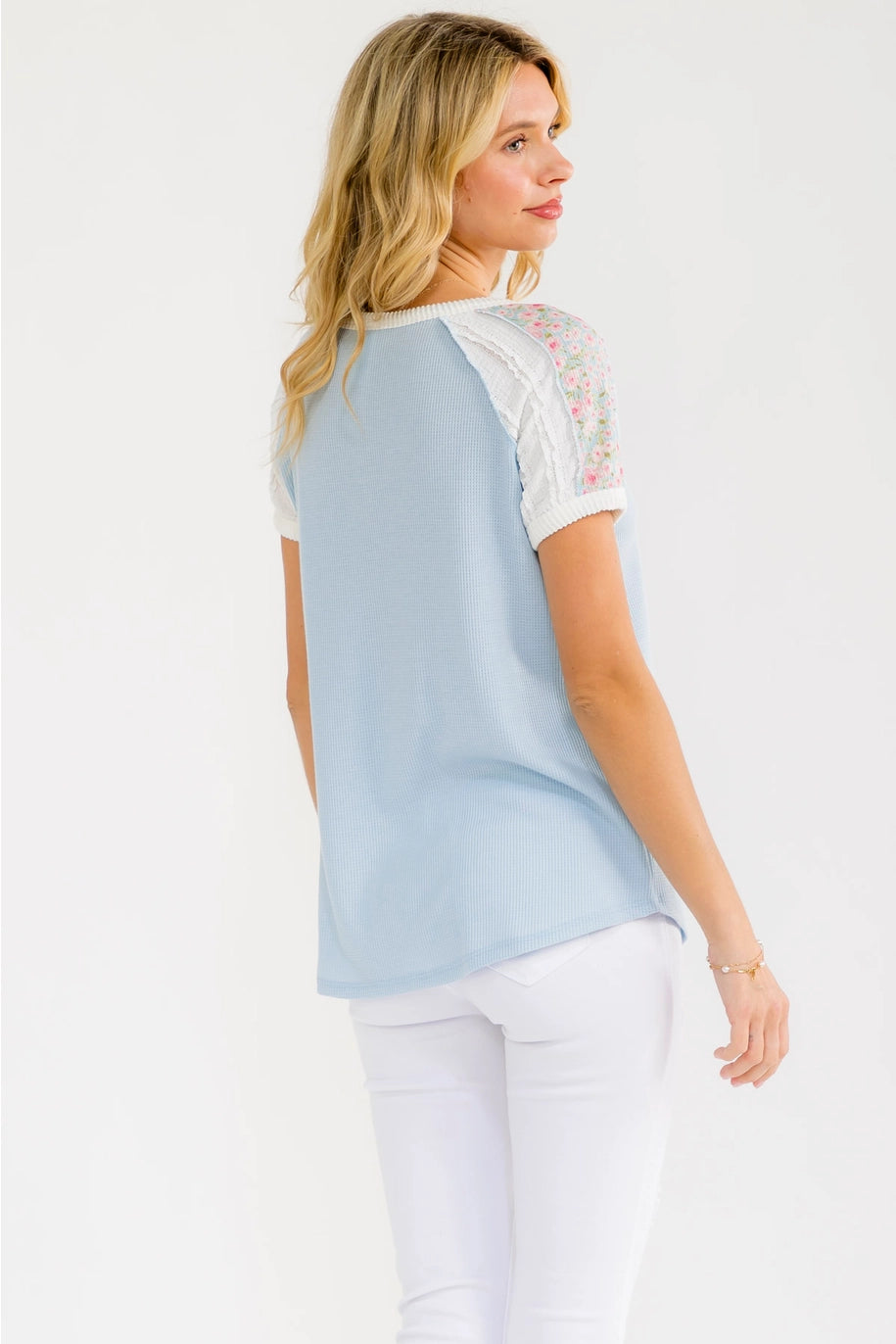 Blue Thermal Knit Top with Lace Raglan Sleeves | Floral Button Front Top  SEO Description: