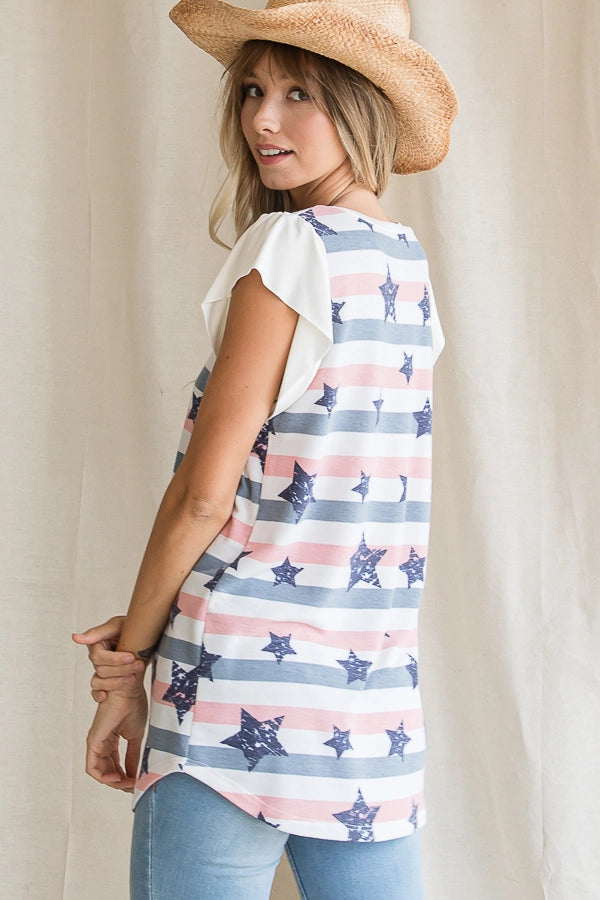 Star Stripe Print Ruffle Sleeve Top | Sage Patriotic Ruffle Sleeve Shirt