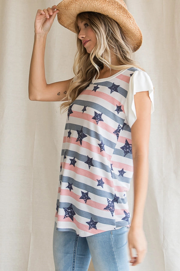 Star Stripe Print Ruffle Sleeve Top | Sage Patriotic Ruffle Sleeve Shirt