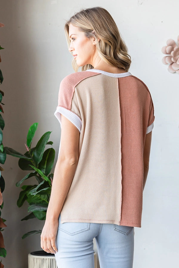 Ribbed Color Block Patchwork Top | Raw Edge Button Front Relaxed Fit Shirt