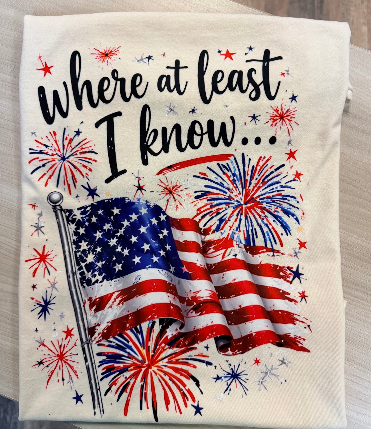 Where At Least I Know I’m Free Patriotic Tee | Comfort Colors USA Flag Fireworks Shirt (Ivory & Blue Jean)