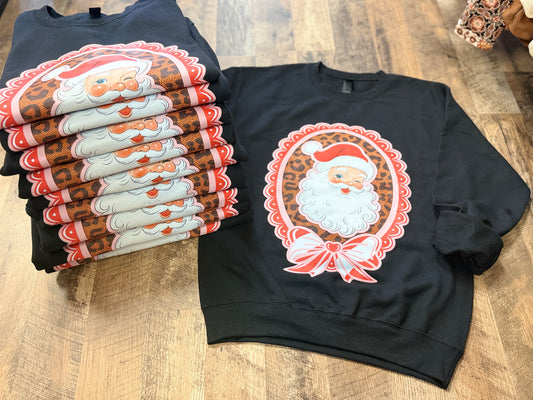 Winking Vintage Santa Leopard Cameo Graphic Crewneck