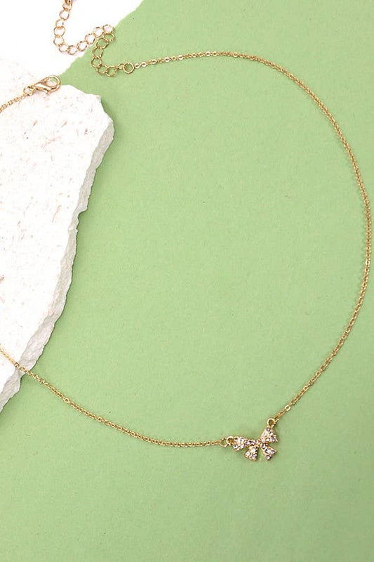 MINI RHINESTONE BOW CHARM NECKLACE