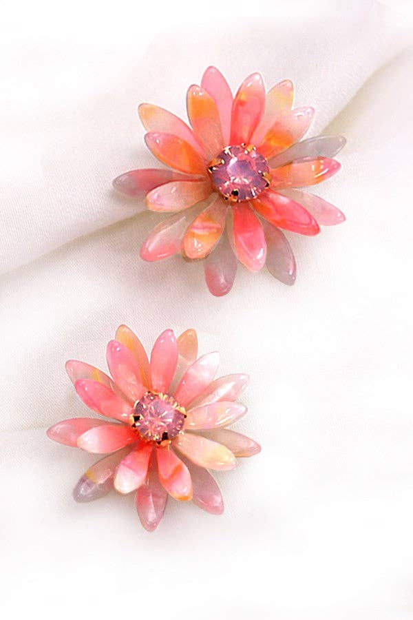 Handmade Daisy Acrylic Earrings with Rhinestones | Lightweight Floral Statement Earrings