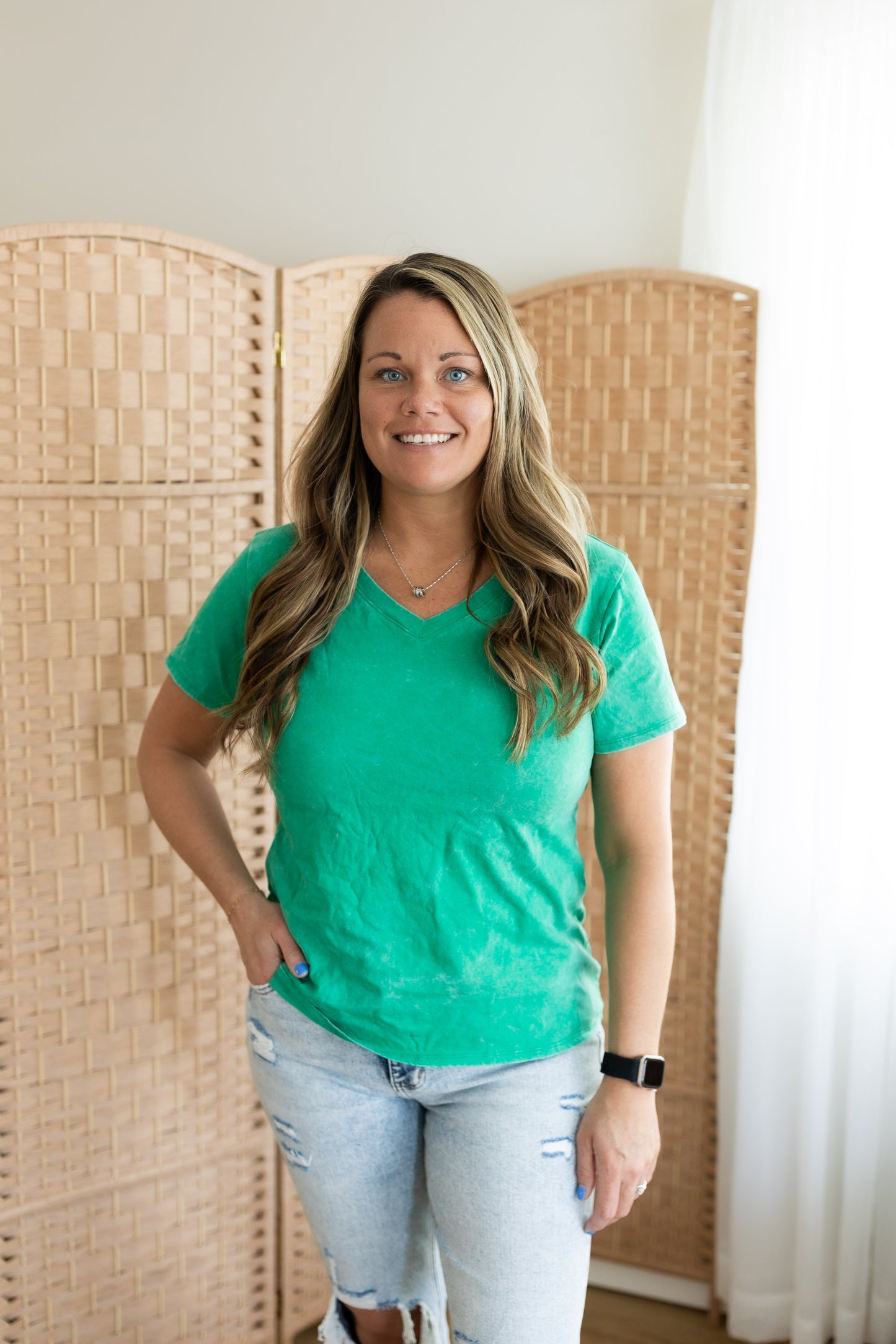 Washed Short Sleeve V-Neck Top