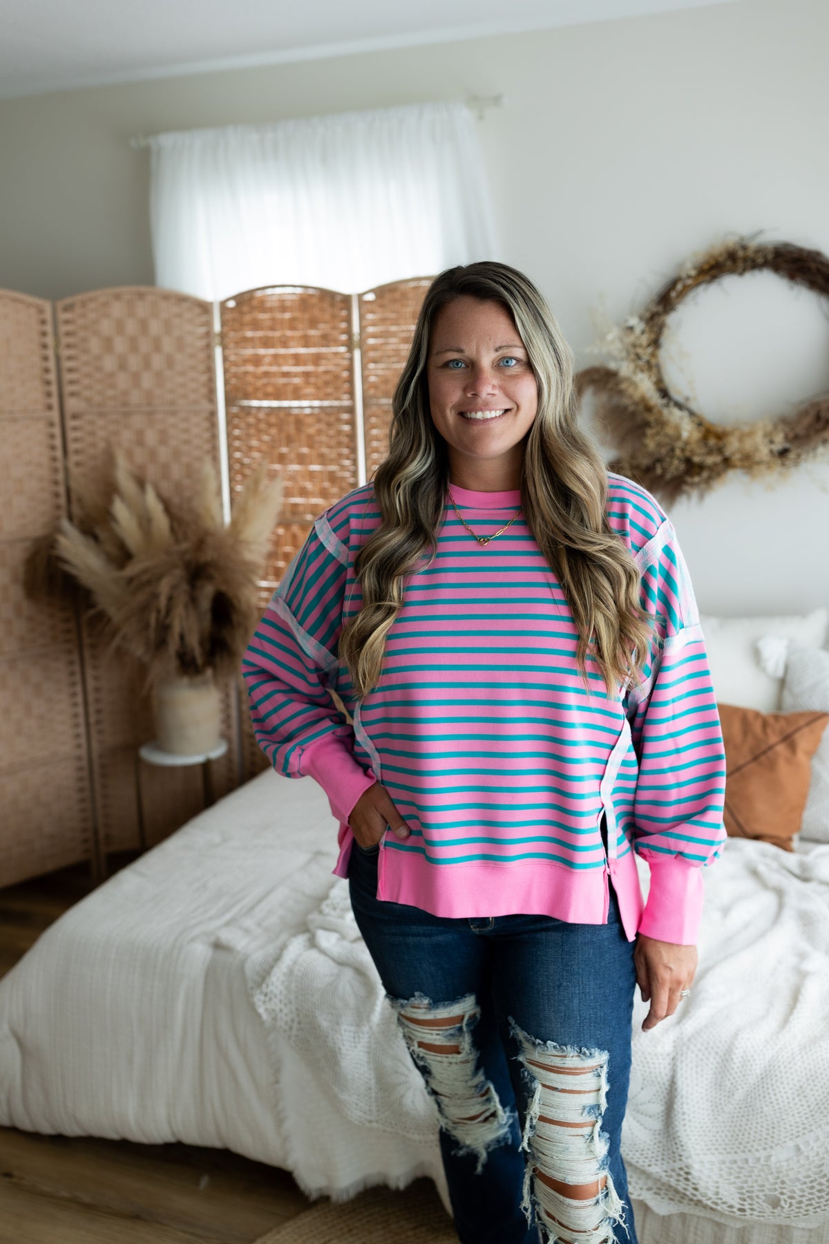 Oversized Striped Sweatshirt | Long Sleeve Exposed Seam Pullover