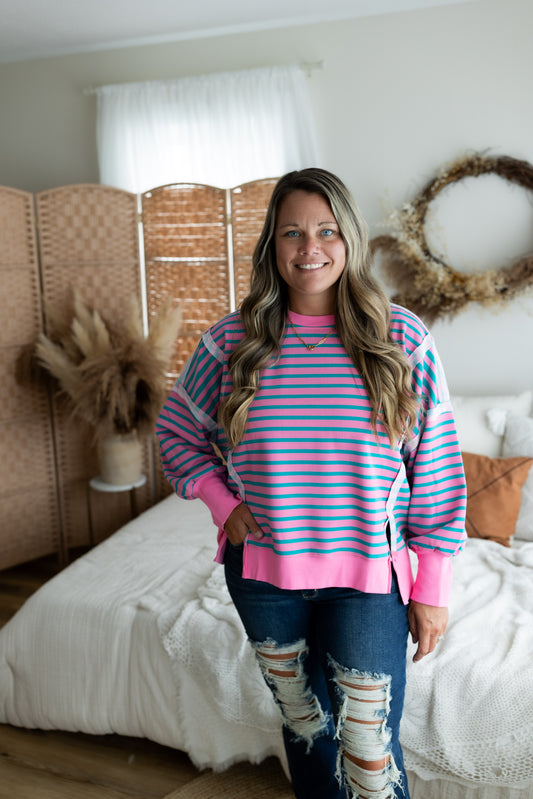 Oversized Striped Sweatshirt | Long Sleeve Exposed Seam Pullover