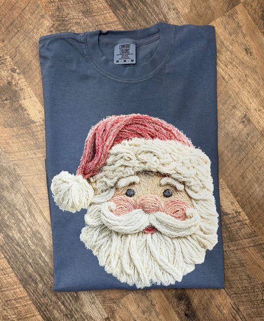 Denim Blue Tee with Santa Faux Yarn Embroidery Design | Cozy Casual Graphic Shirt