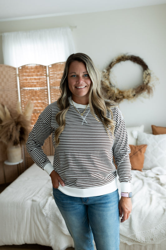 Chocolate Striped Rib Banded Pullover