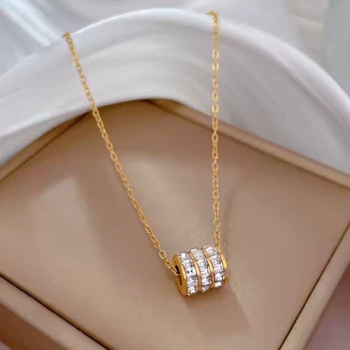 18K Gold Stainless Steel Triple Barrel Rhinestone Necklace | Tarnish Free Waterproof Necklace