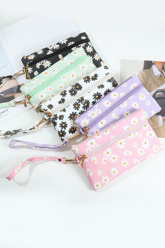 Daisy Printed Wristlet Wallet Bag – Floral Zip Pouch with Strap
