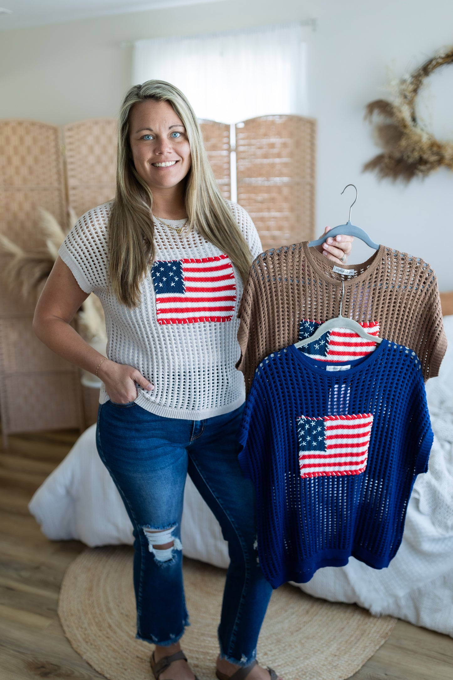 Viscose American Flag Open Stitch Top | Lightweight Patriotic Knit Sweater