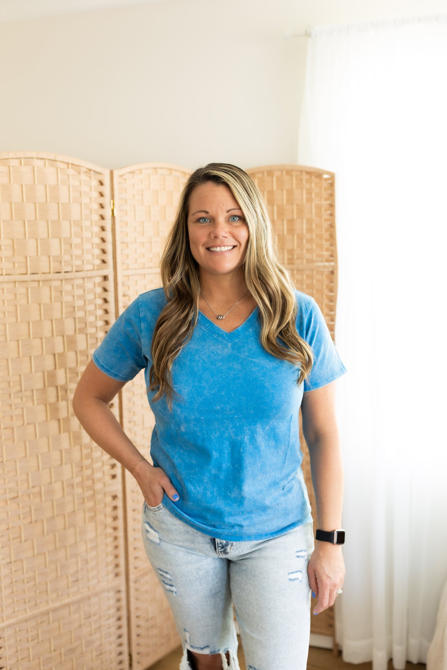 Washed Short Sleeve V-Neck Top