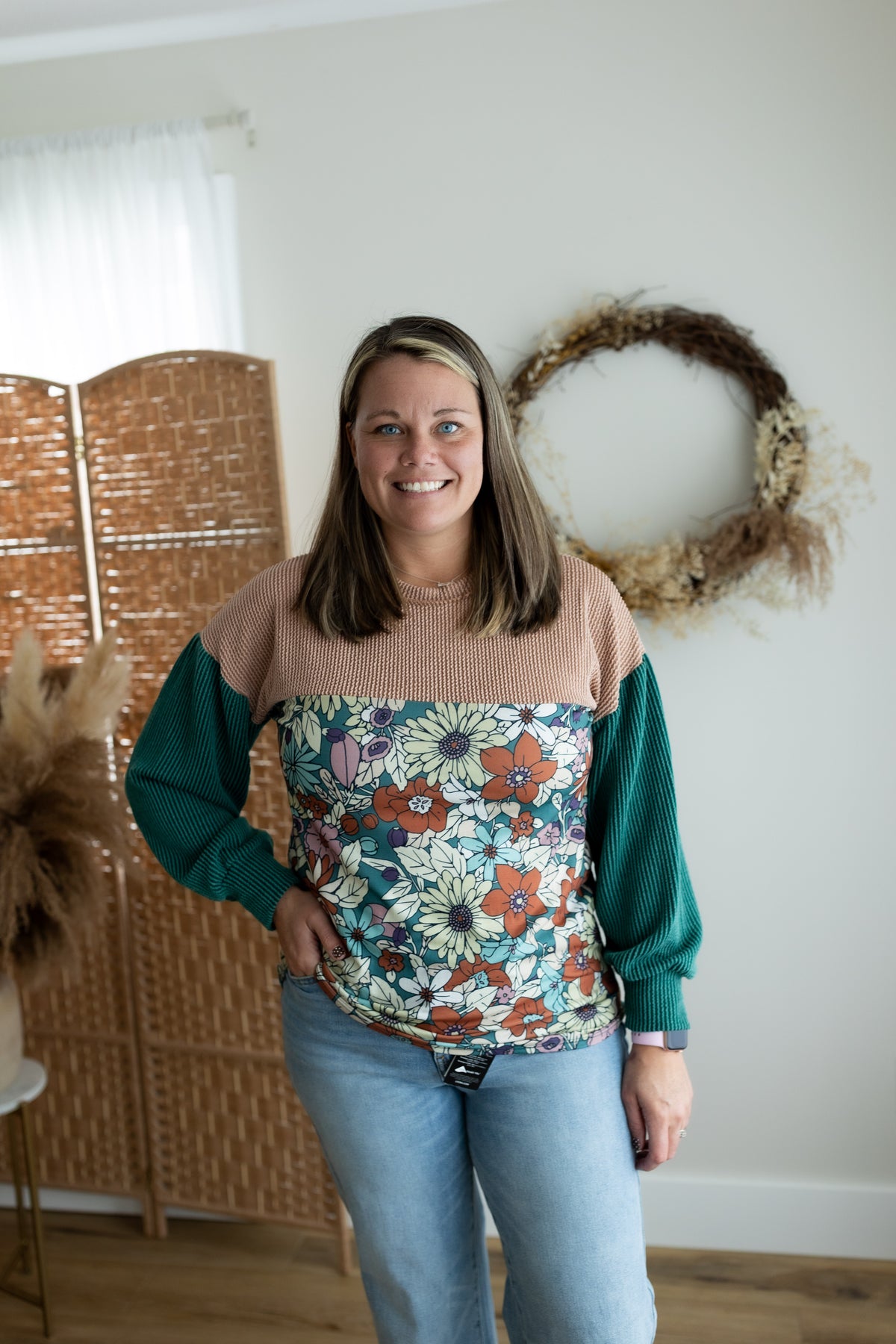 Retro Ribbed Floral Color Block Top