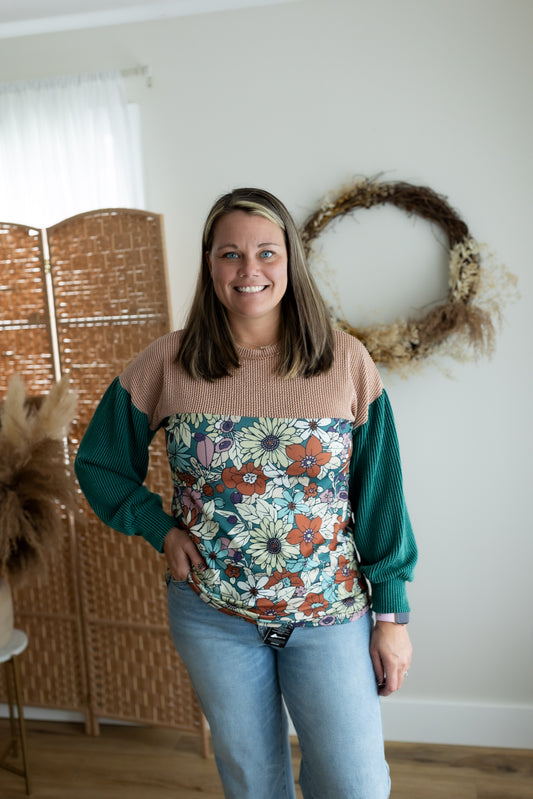 Retro Ribbed Floral Color Block Top