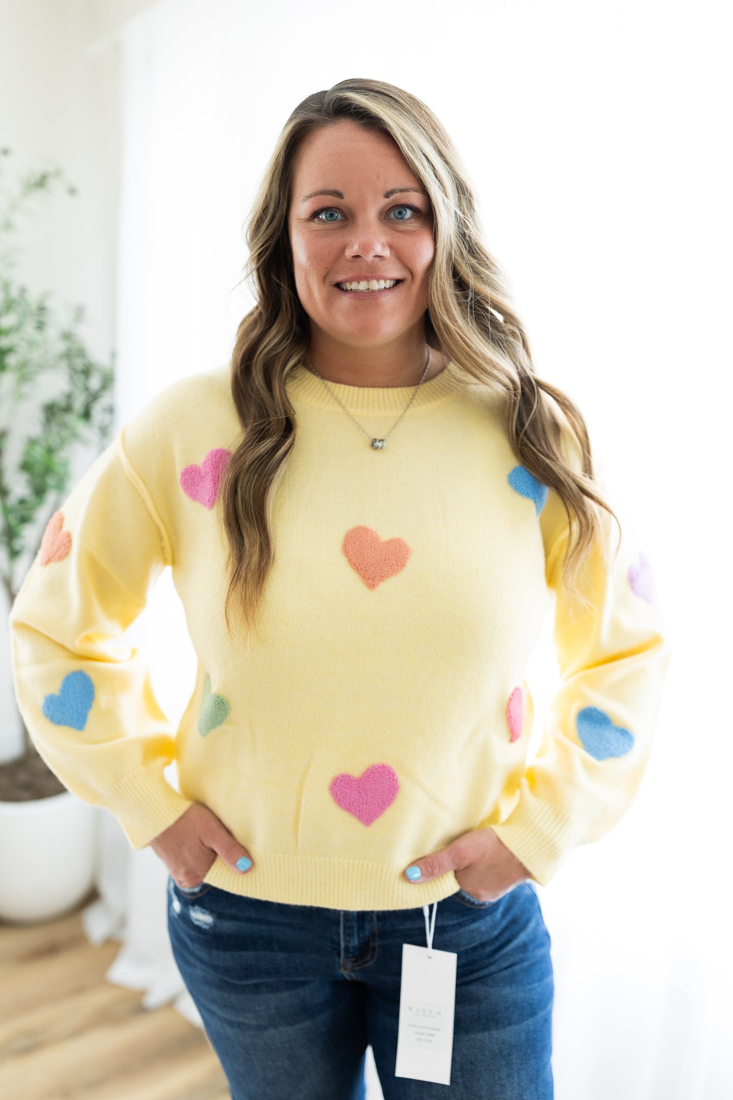 Yellow Knit Sweater with Multicolor Hearts | Cozy & Playful Statement Top