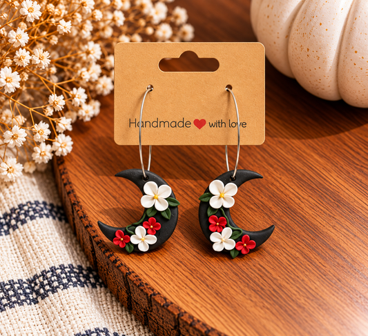 Black Floral Crescent Moon Clay Earrings