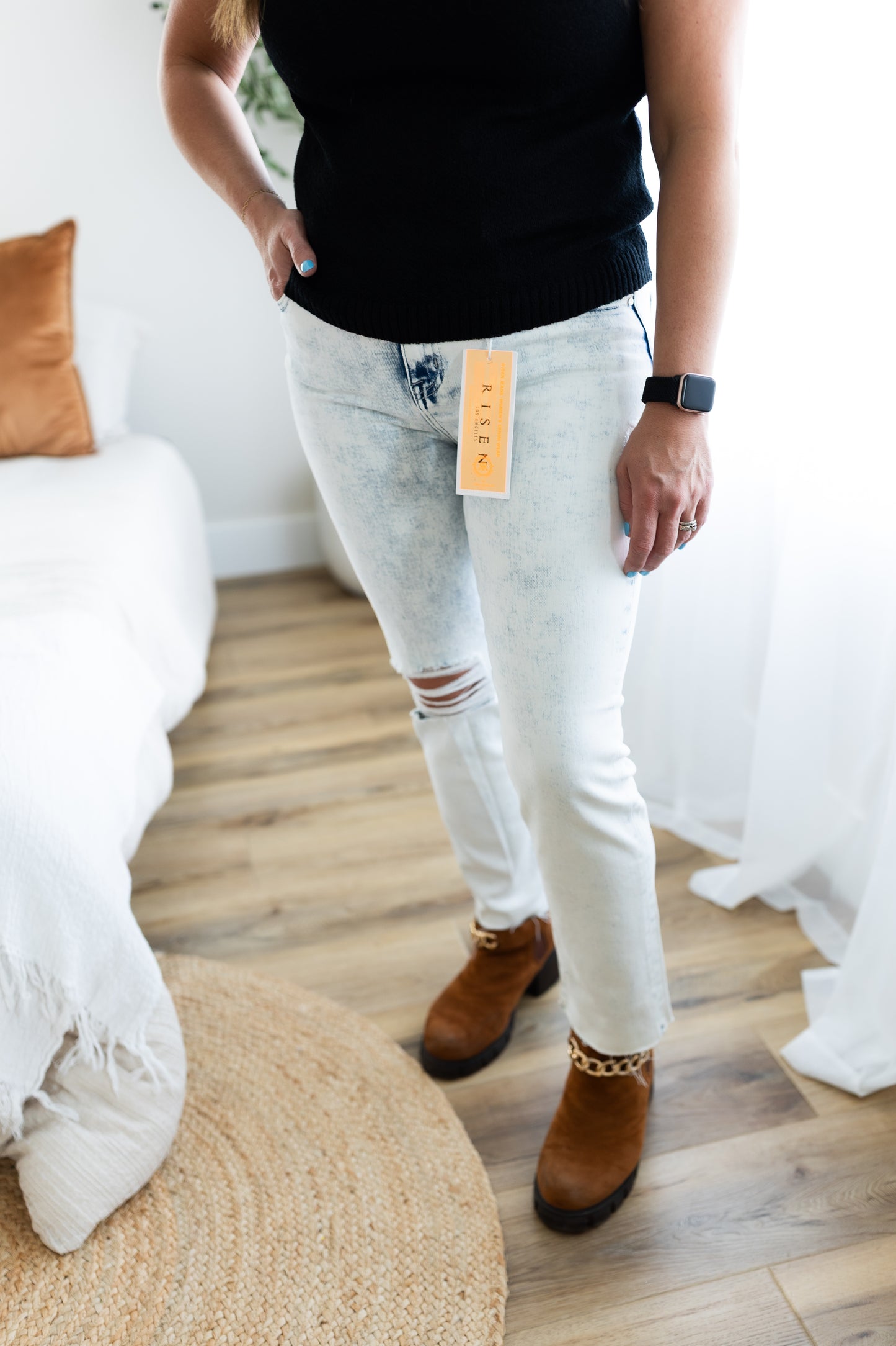 Risen High Rise Light Wash Cropped Skinny Relaxed Jeans | Stretch Denim Essential