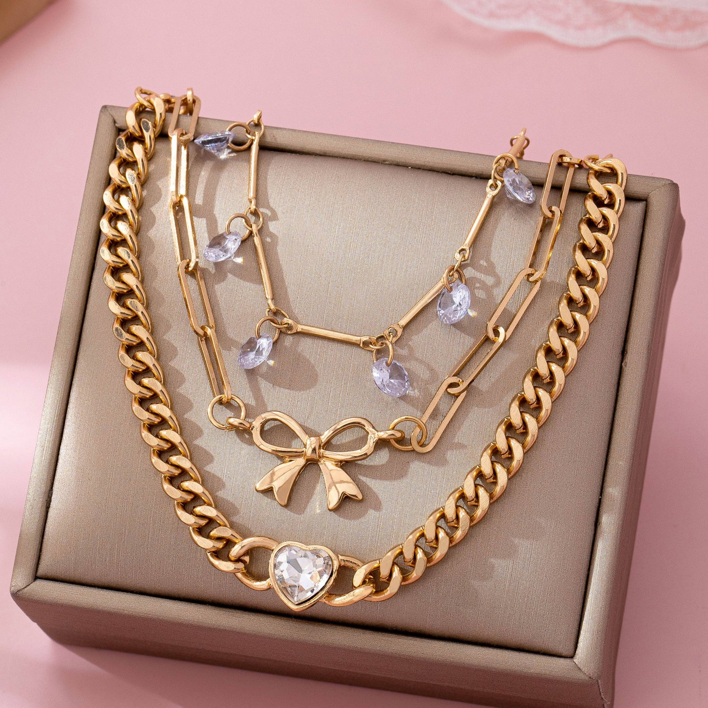 Gold Triple Stack Chain Bracelet Set with Bow and Crystal Heart | Chunky Link Layered Bracelets