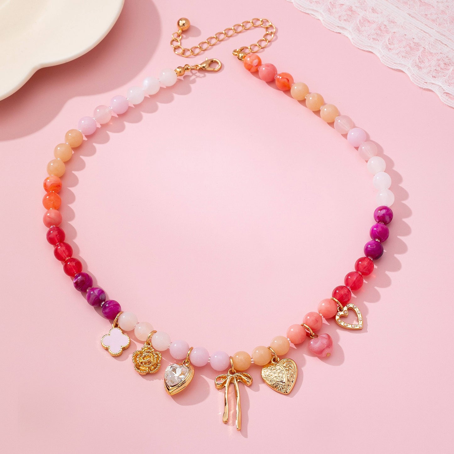 Colorful Beaded Charm Necklace with Bow Heart and Flower | Pink Purple Gradient Statement Necklace