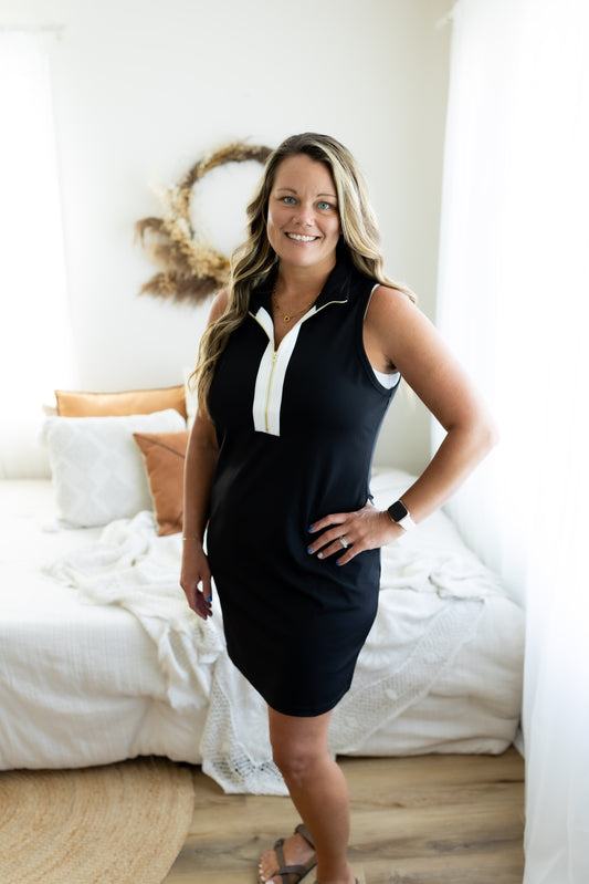 Everyday Black Zipper Dress with White Trim – Soft & Super Stretchy Comfort Dress