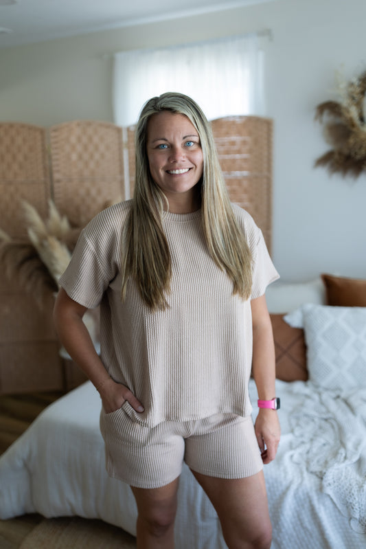 Raised Rib Short Sleeve Tee & Shorts Set – Matching Lounge Set for Women
