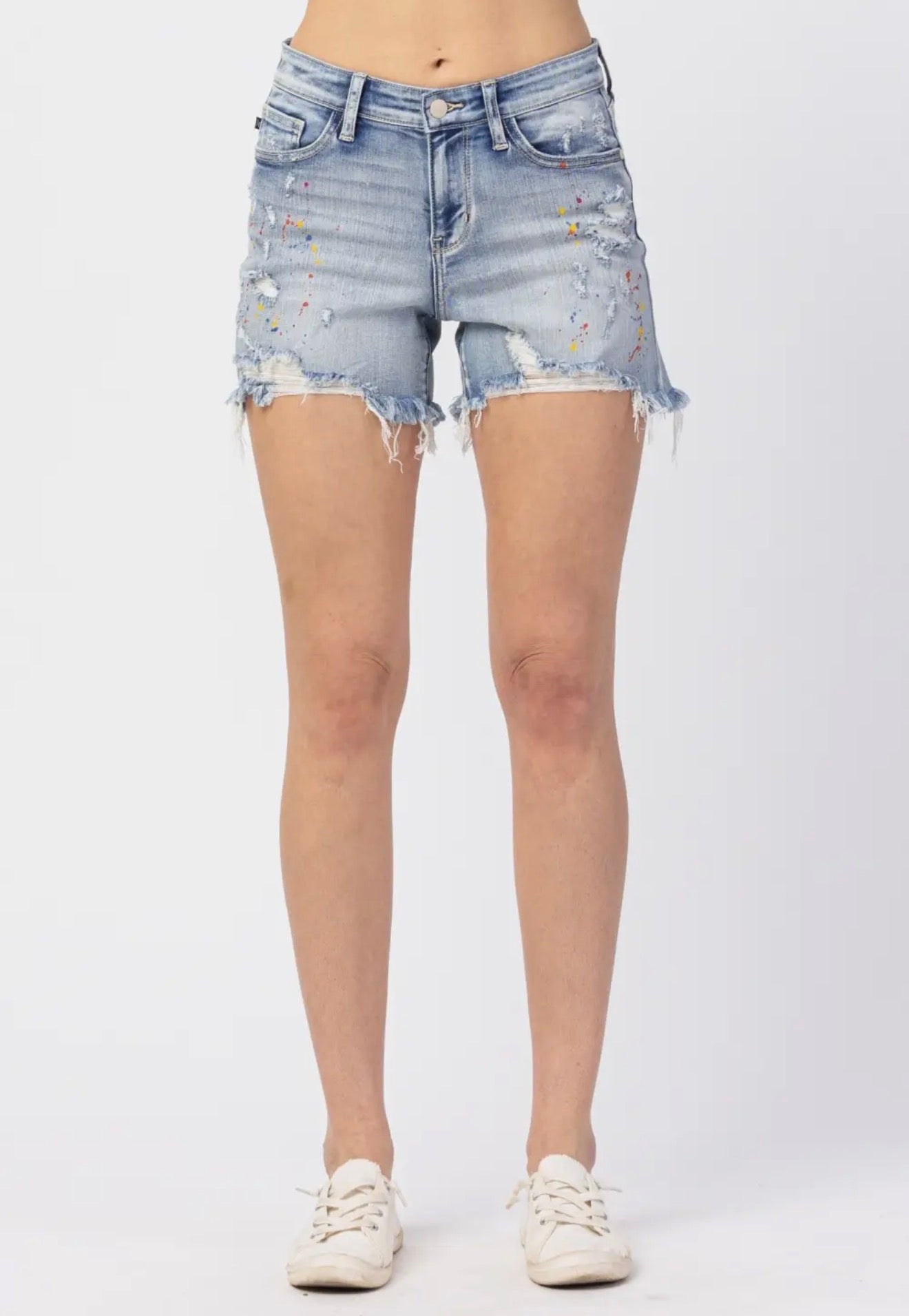 Judy Blue Rainbow Paint Splash Cutoff Shorts – Mid Rise Light Wash Denim Summer Shorts