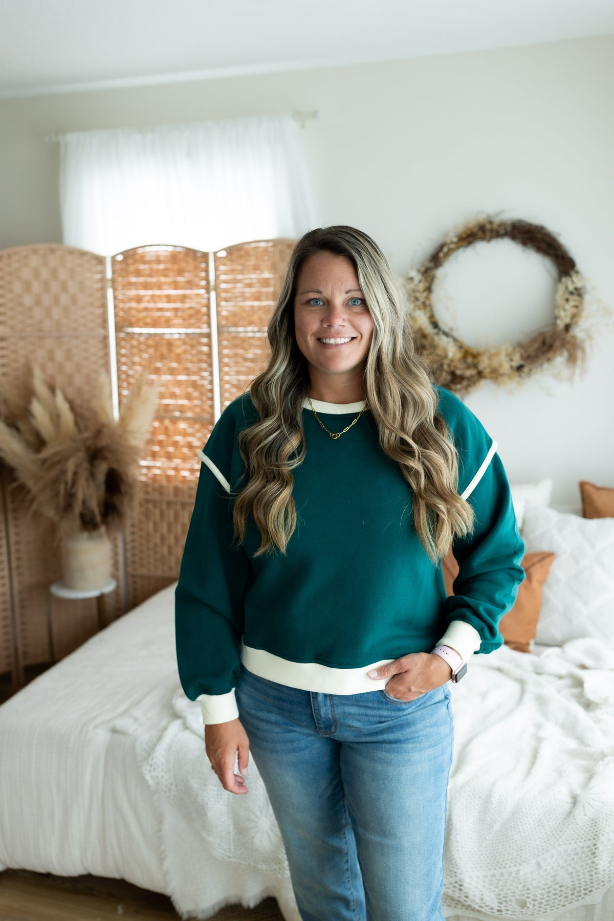 Hunter Green Fleece Contrast Trim Piping Sweatshirt