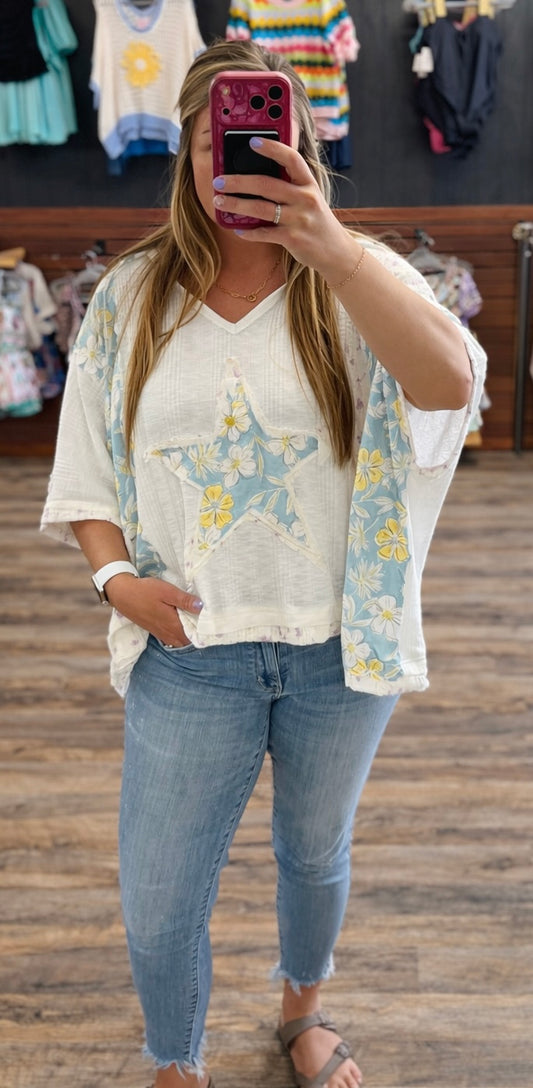 V-Neck Top with Lace Contrast & Floral Star Patch Detail