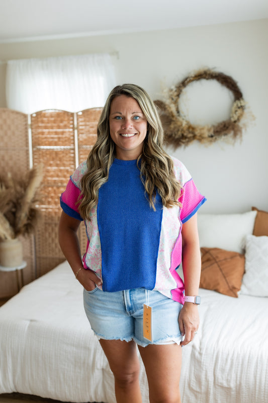 Royal Blue Floral Color Block Ribbed Top | Exposed Seam Short Sleeve Shirt