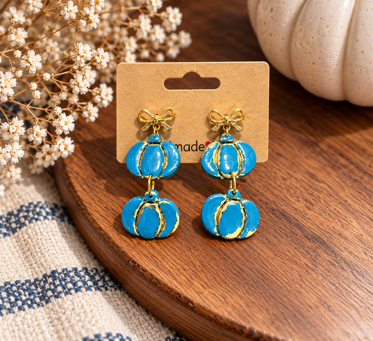 Teal & Gold Pumpkin Bow Drop Clay Earrings