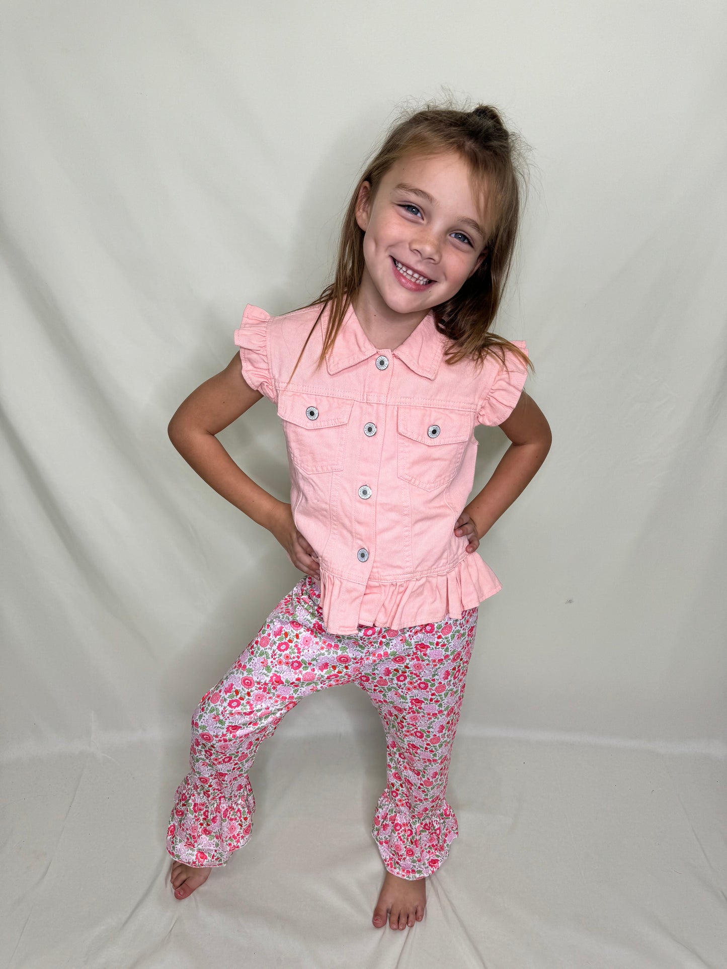 Pink Denim Vest and Floral Pant Outfit