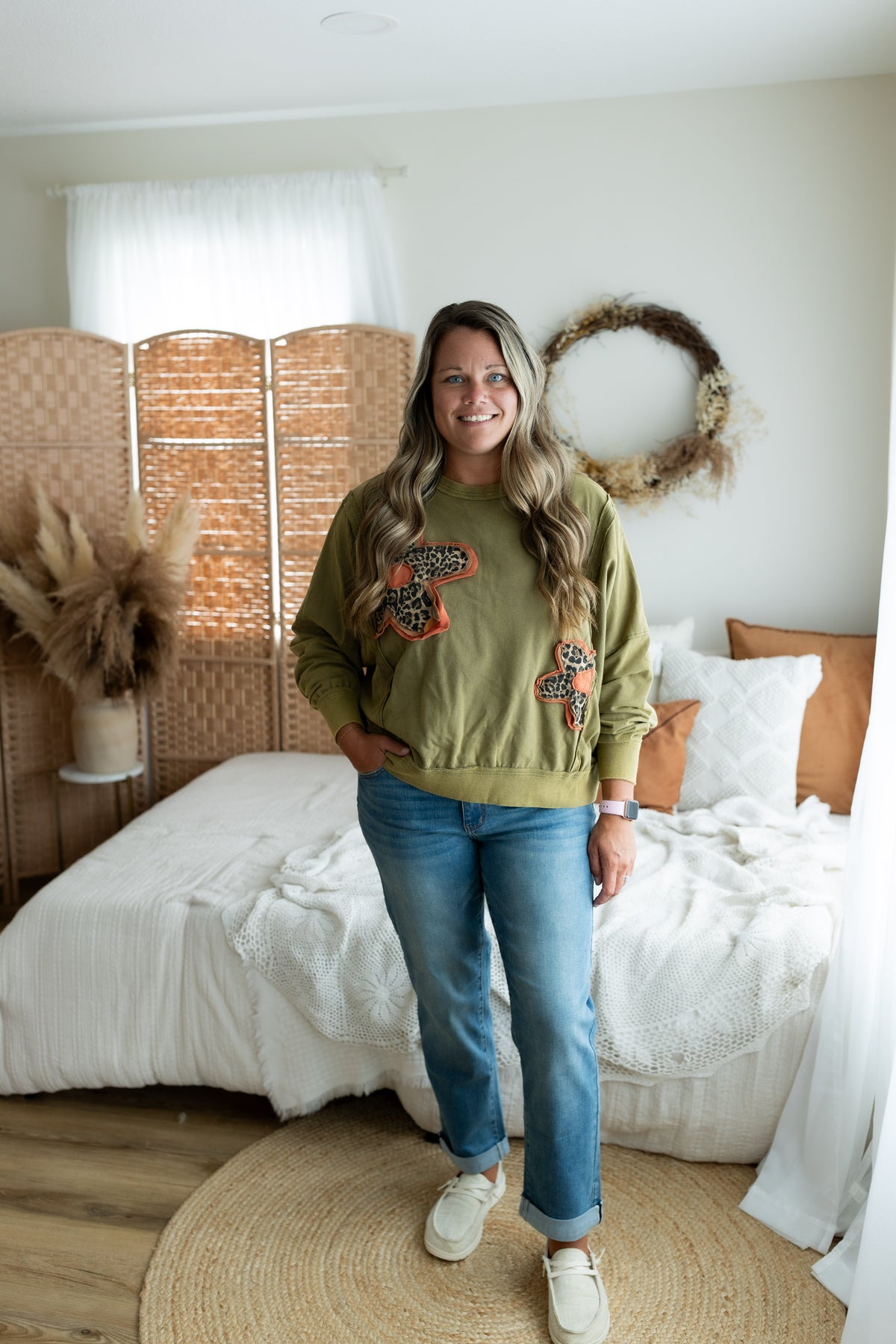 Olive Leopard Flower Patch Oversized Crewneck