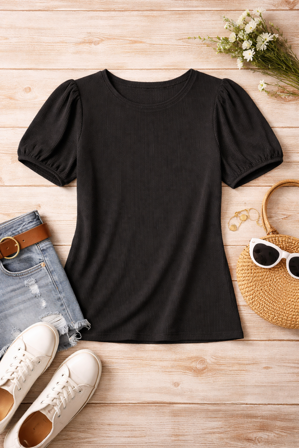Ribbed Puff Sleeve Top