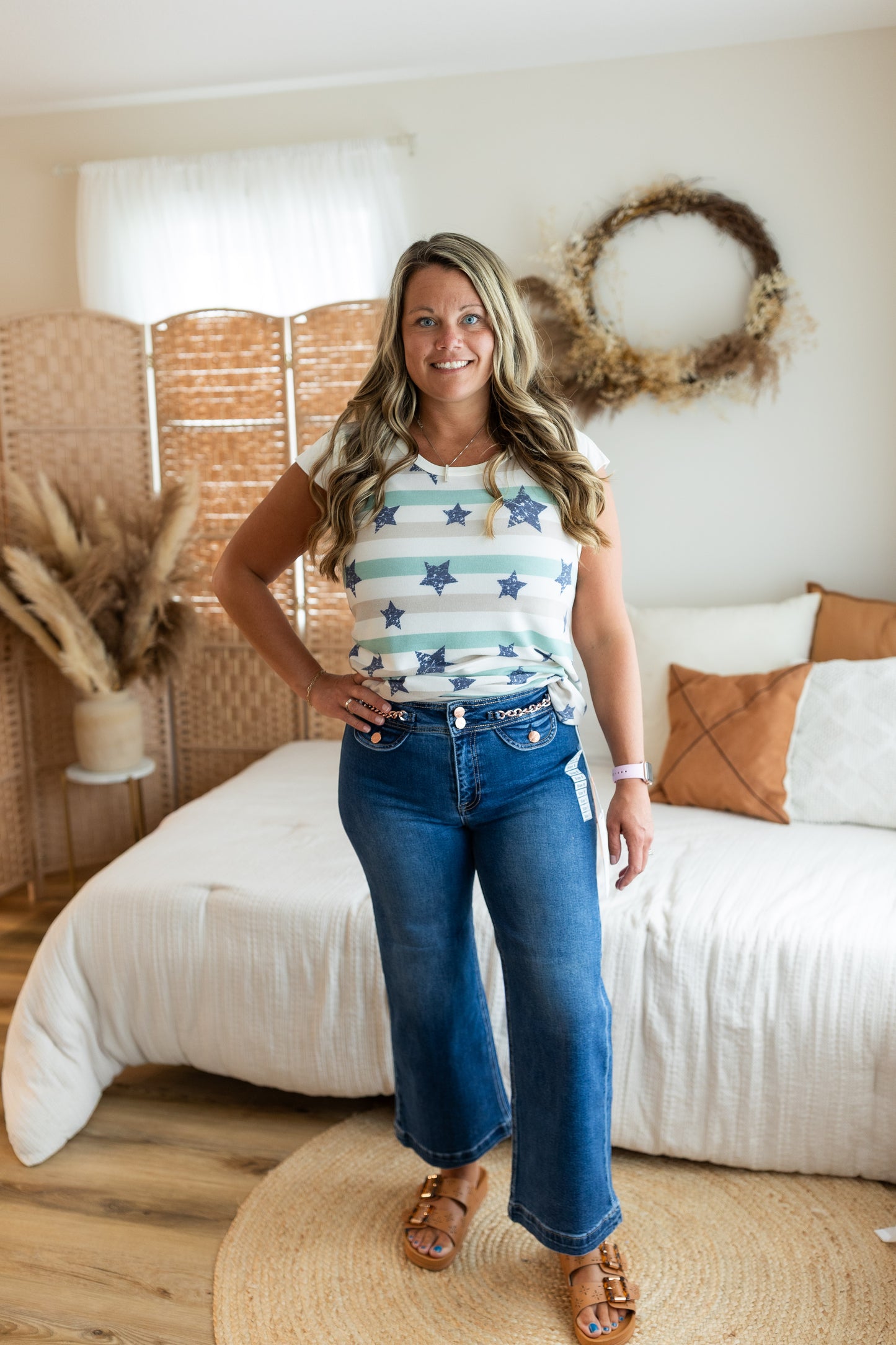 Star Stripe Print Ruffle Sleeve Top | Sage Patriotic Ruffle Sleeve Shirt
