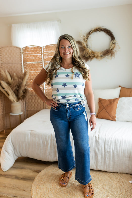 Star Stripe Print Ruffle Sleeve Top | Sage Patriotic Ruffle Sleeve Shirt