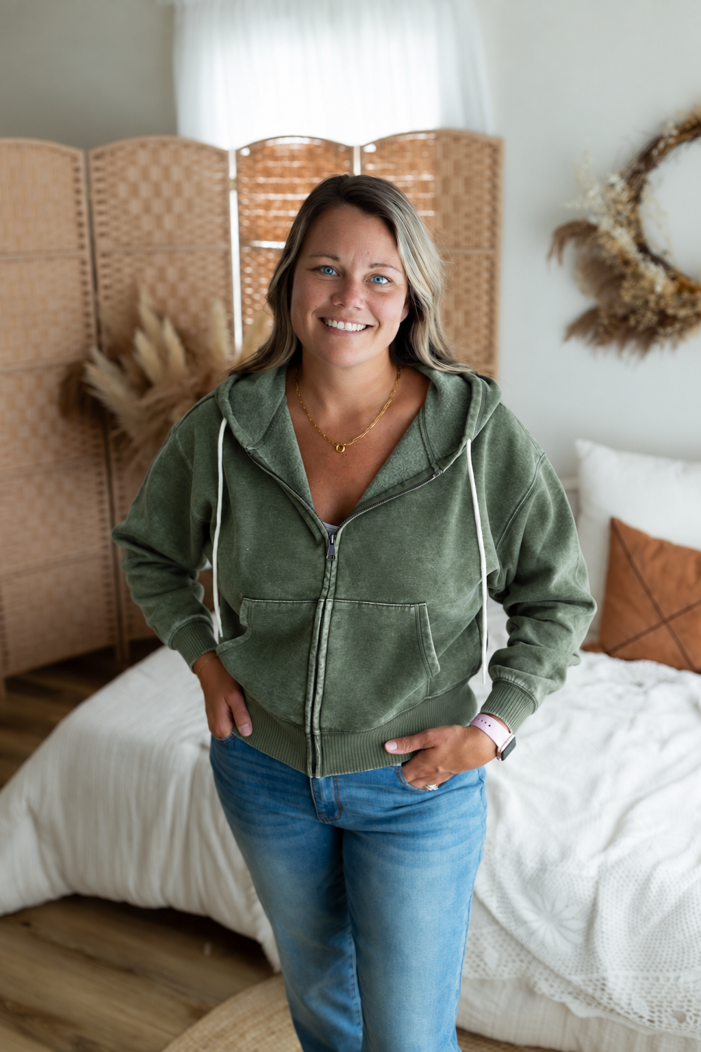 Light Olive Acid Wash Cropped Zip-Up Fleece Hoodie