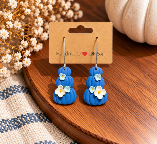 Blue Floral Stacked Pumpkin Clay Earrings